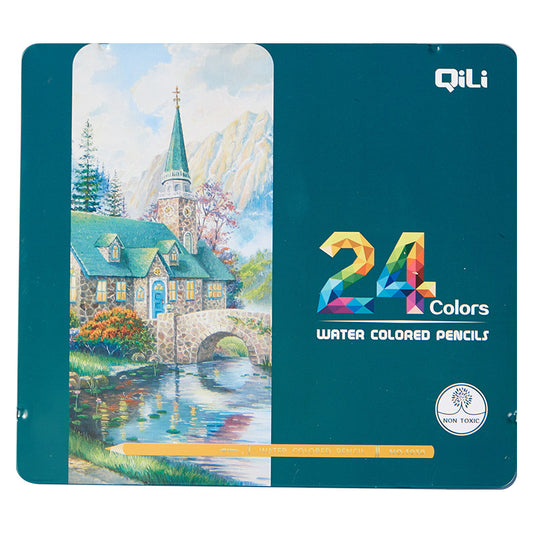 QiLi Wood Cased Water Colored Pencils - Tin of 12/24 Colors
