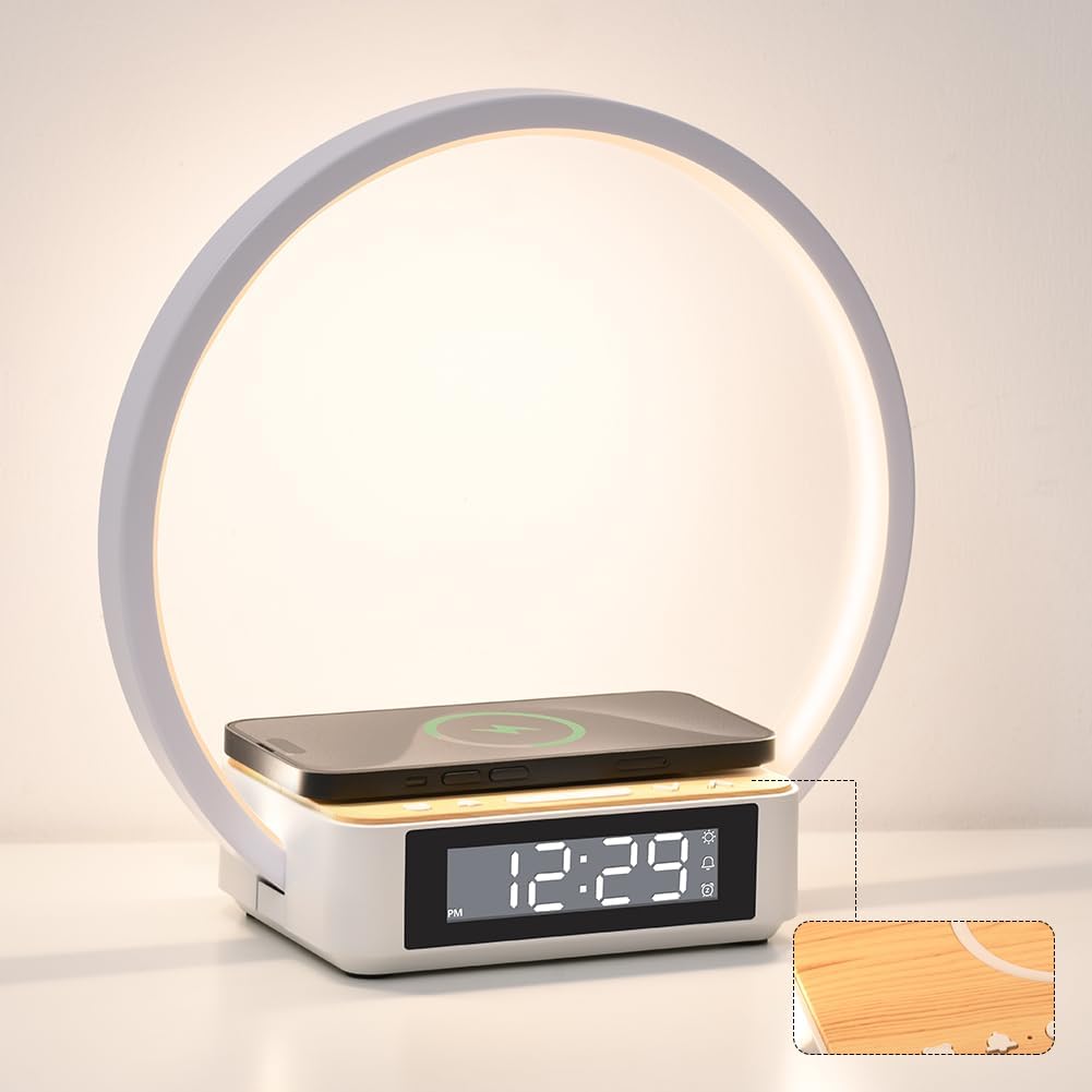 Round Bedside Lamp with Alarm Clock Wireless Charger Nightlight