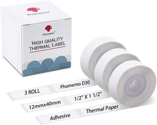 Phomemo D30 Adhesive White Label Paper (12mm X 40mm) White,3 Roll