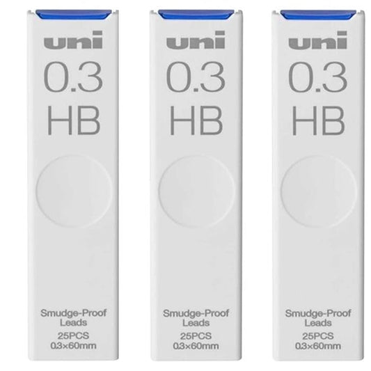 Uni Pencil Smudge-Proof Leads,0.3mm HB,3 Pack