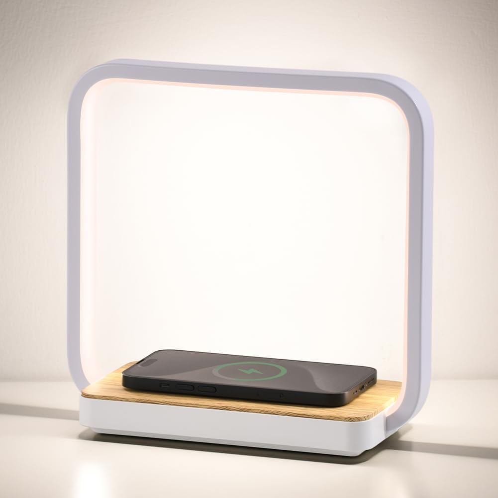 Square Bedside Desk Lamp with Qi Wireless Charger Dimmable