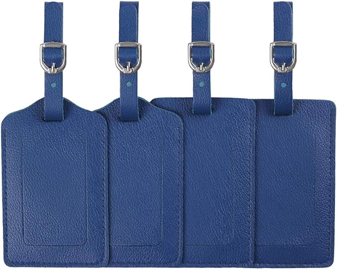 Leather Luggage Tags 4 Pack Bag Suitcase Labels Blue