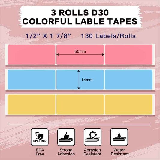 Phomemo D30 Adhesive Pink Bule Yellow Label Paper (14mm X 50mm) - TTpen