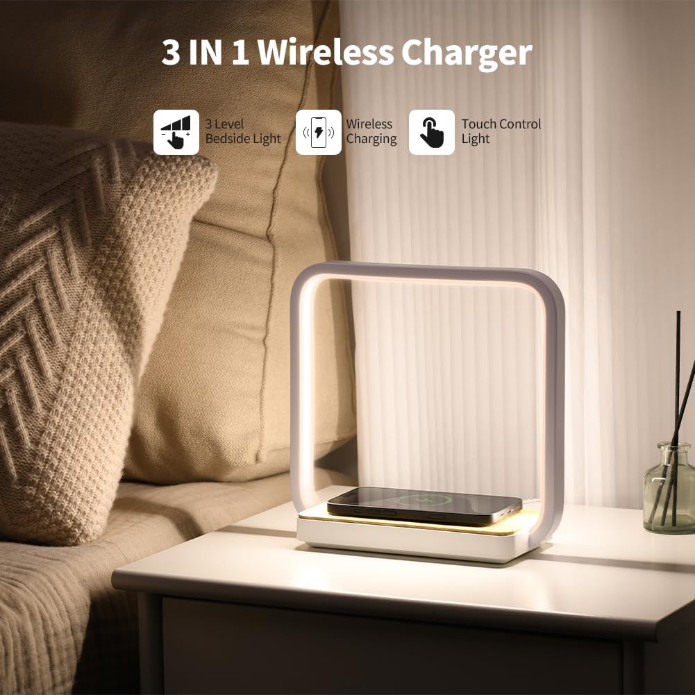Square Bedside Desk Lamp with Qi Wireless Charger Dimmable