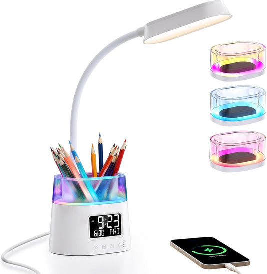 LED Desk Lamps for Home Office with Pen Holder Clock USB Charging