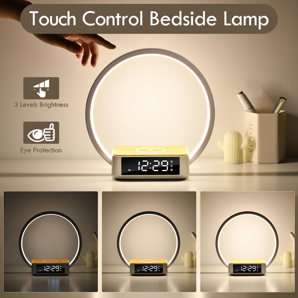 Round Bedside Lamp with Alarm Clock Wireless Charger Nightlight