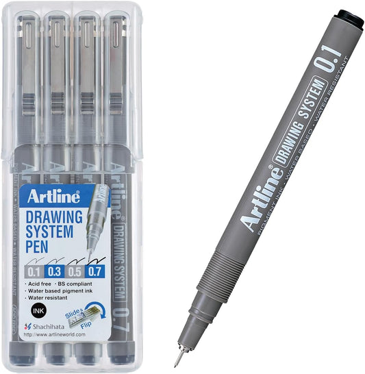 Artline Drawing System Pens, 0.1, 0.3, 0.5, 0.7 mm ,4 Pack