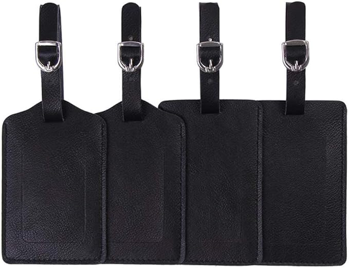 Leather Luggage Tags 4 Pack Bag Suitcase Labels Black