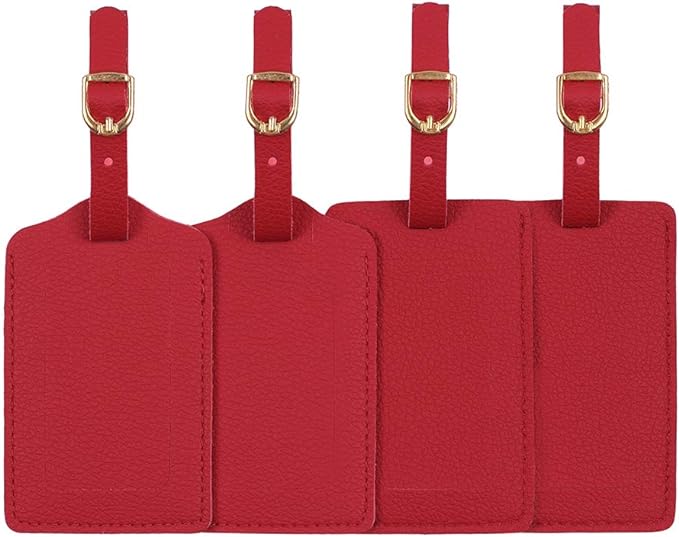 Leather Luggage Tags 4 Pack Bag Suitcase Labels Red