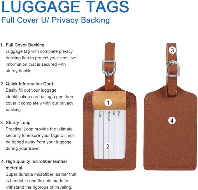 Leather Luggage Tags 4 Pack Bag Suitcase Labels