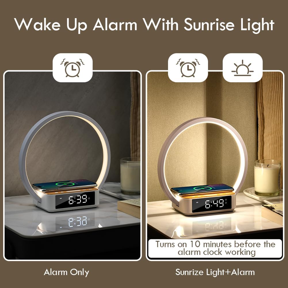 Round Bedside Lamp with Alarm Clock Wireless Charger Nightlight