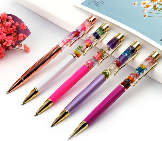 5 Color Metal Ballpoint Pens with Herbarium Floral
