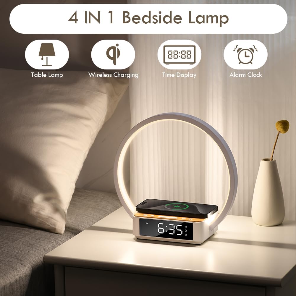 Round Bedside Lamp with Alarm Clock Wireless Charger Nightlight