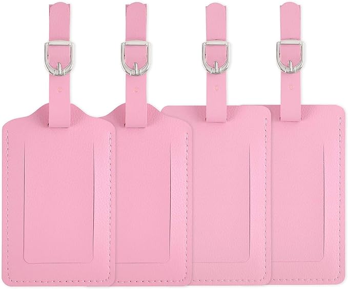 Leather Luggage Tags 4 Pack Bag Suitcase Labels Pink