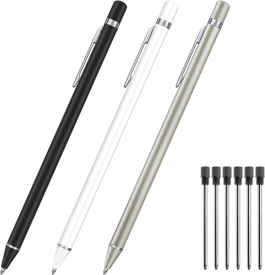 3 Pack Metal Ballpoint Pens with 6 Replaceable Refills (Black,White,Champagne)