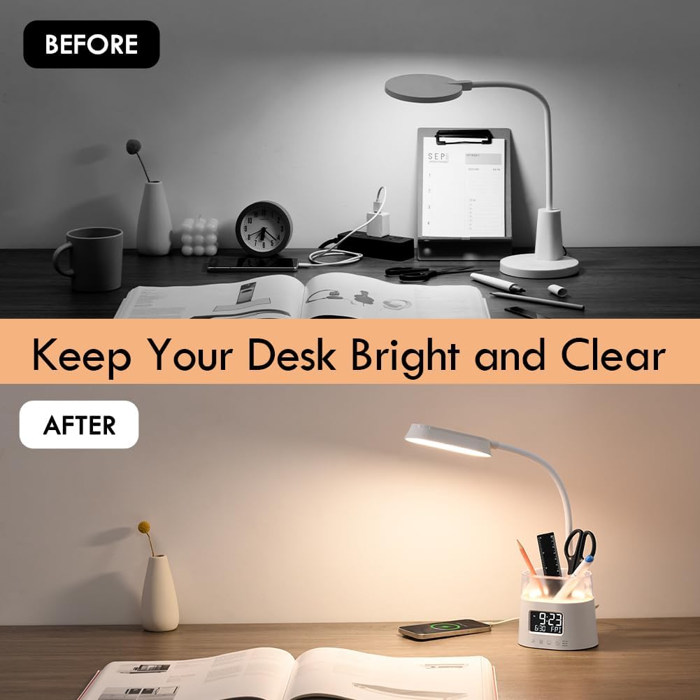 LED Desk Lamps for Home Office with Pen Holder Clock USB Charging