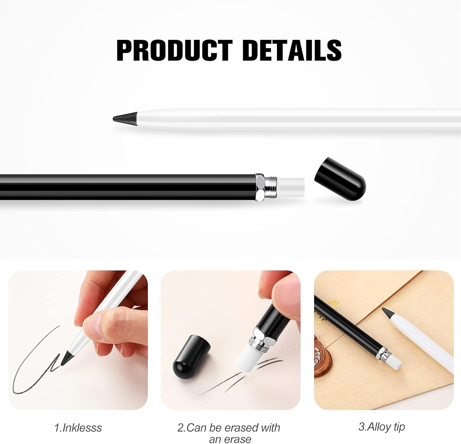 4Pcs Metal Inkless Pen Everlasting Pencil with Eraser