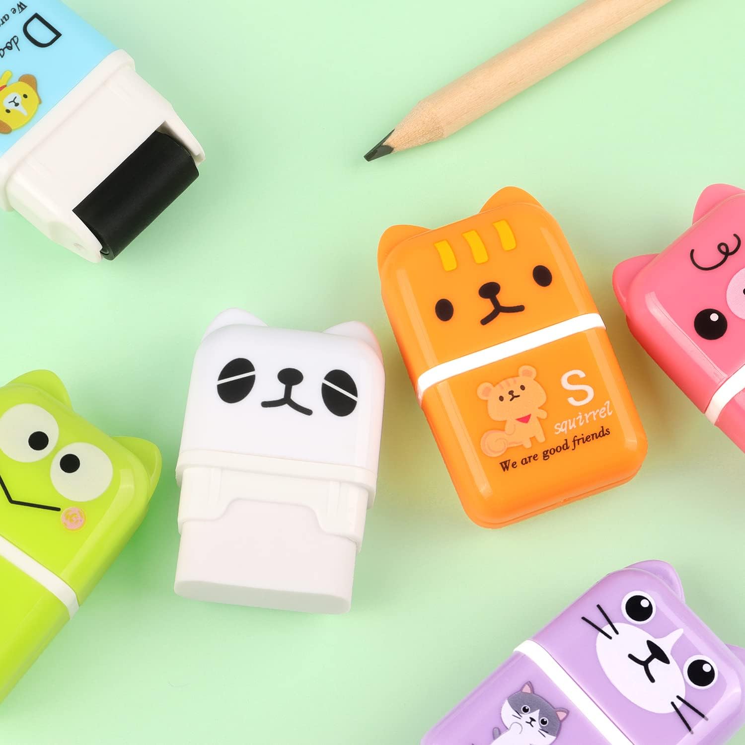 6 Pack Cute Erasers with Cover and Roller for Kids
