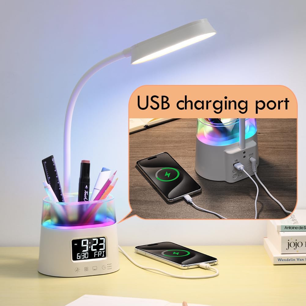 LED Desk Lamps for Home Office with Pen Holder Clock USB Charging
