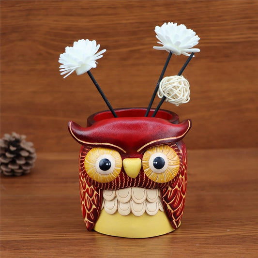 Leather Cowhide Owl Desktop Decorative Pen Holder Organizer