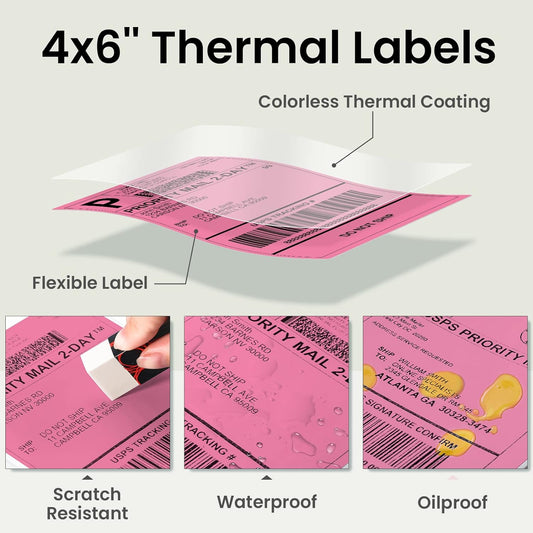 Phomemo 4"x6" Thermal Direct Shipping Label,Fan-Fold 500 Labels Rose