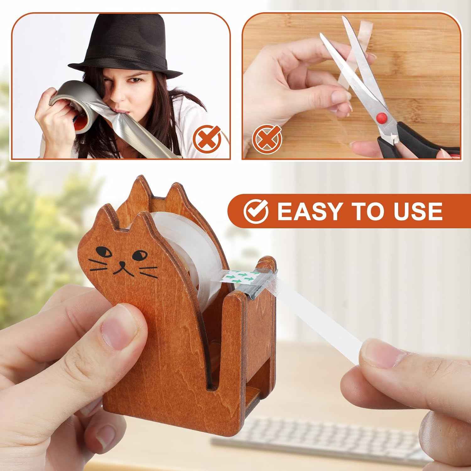 Wooden Cat Clear Tape Dispenser for Office & School Desktop 2 Pack