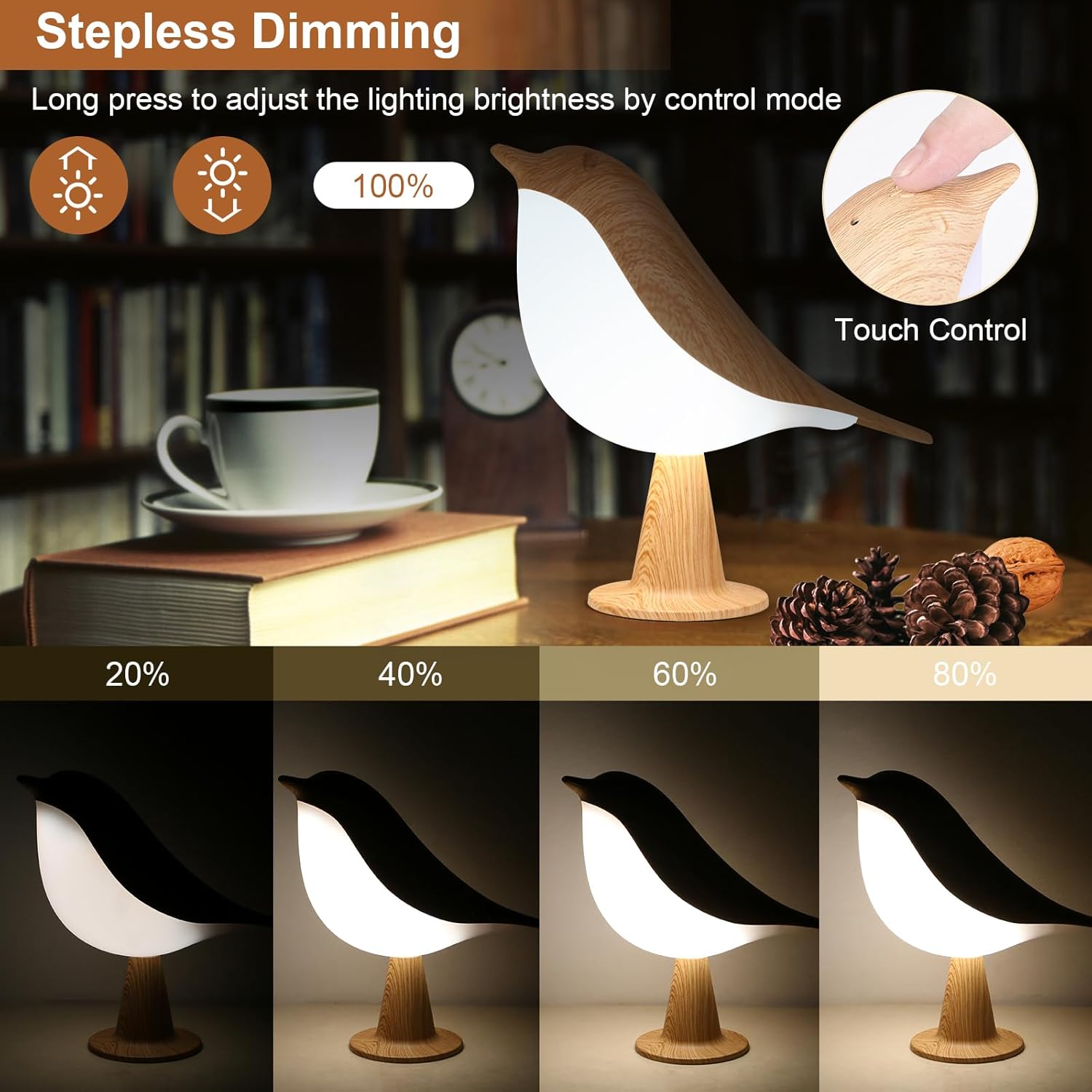 Rechargeable Bird Table Lamp Cordless Touch Dimmable Night Light