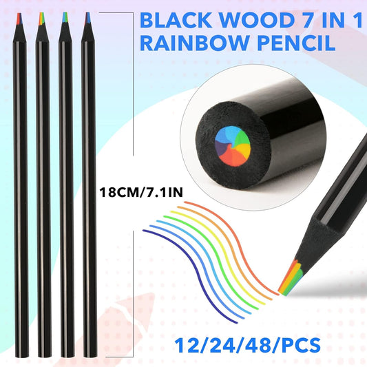 12PCS Black Wooden 7IN1 Rainbow Colored Art Drawing Pencils