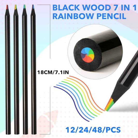 12PCS Black Wooden 7IN1 Rainbow Colored Art Drawing Pencils - TTpen