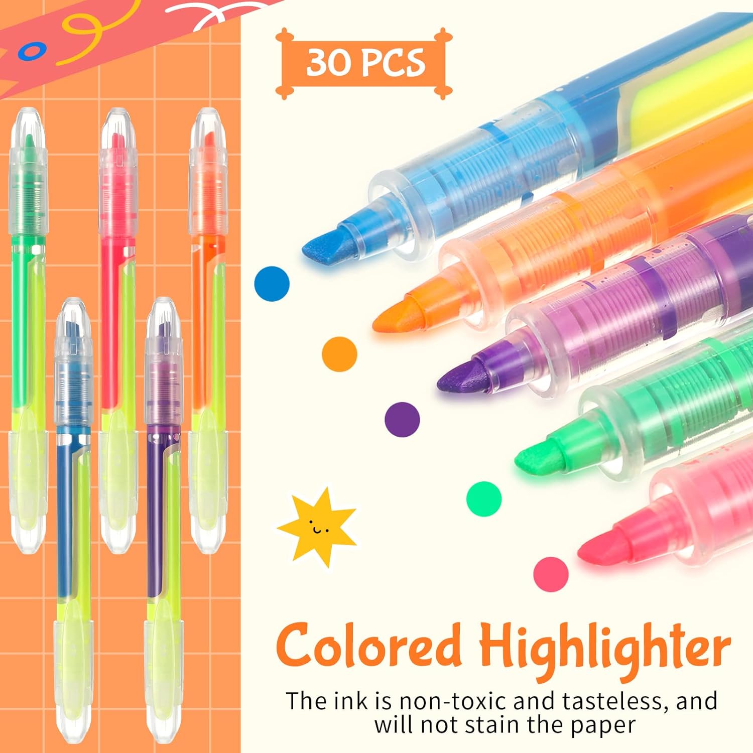 30Pcs Liquid Highlighter Pens Dual Ended 5 Colors Fluorescent