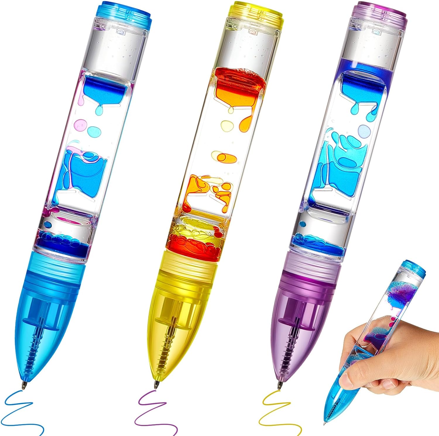 3Pcs Liquid Motion Bubbler Fidget Pens Blue, Purple, Yellow