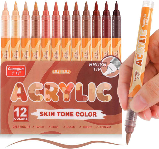 Guangna 8201 Acrylic Paint Markers 12 Skin Tone Colors Soft Brush Tip