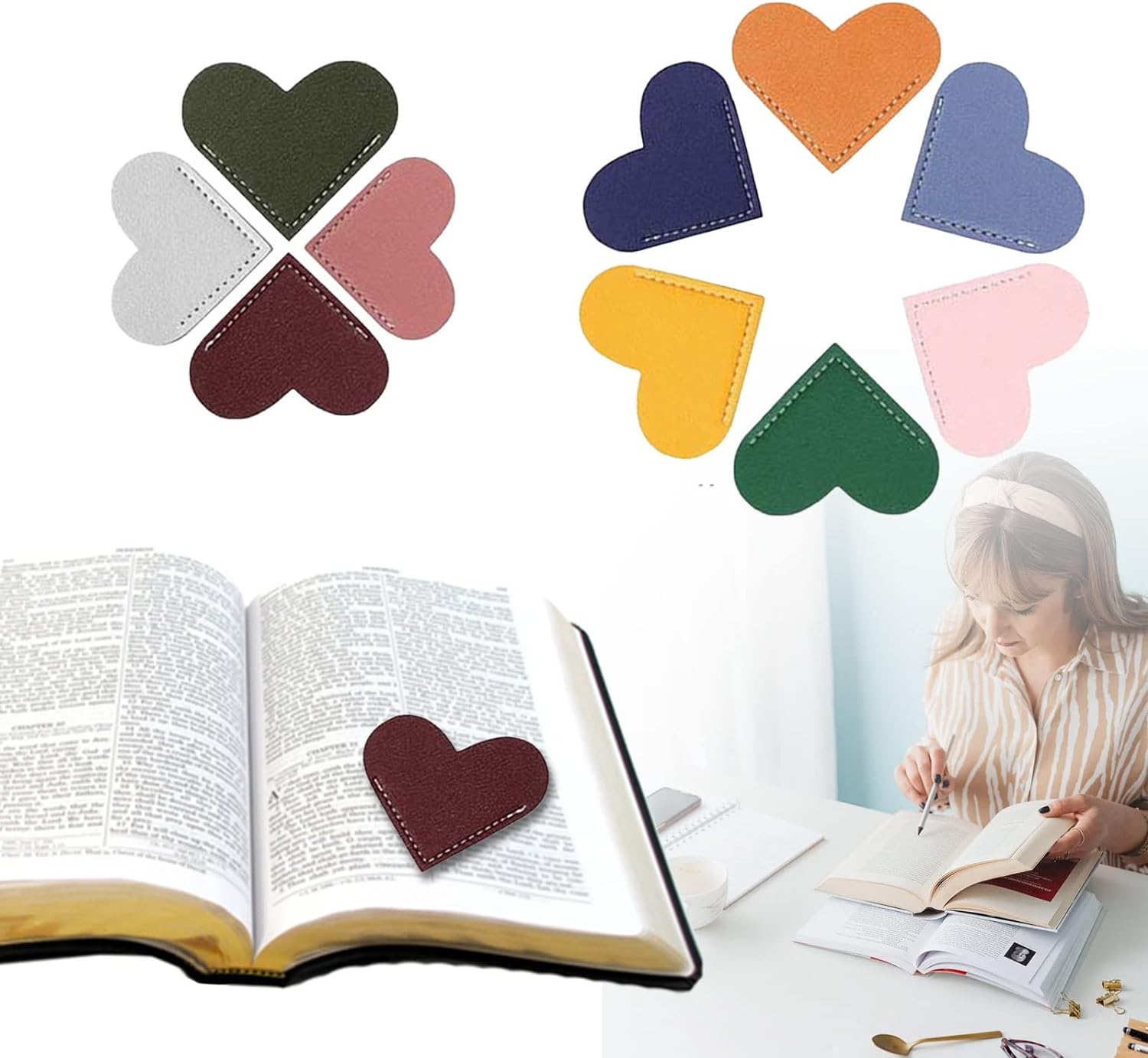 20Pcs Cute Leather Heart Bookmark,Corner Page Bookmark Clips