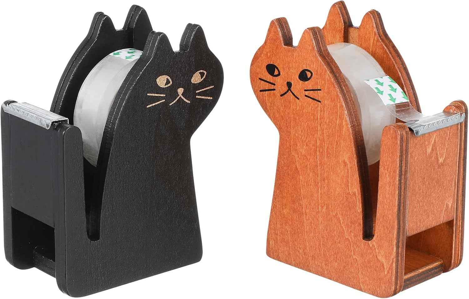 Wooden Cat Clear Tape Dispenser for Office & School Desktop 2 Pack