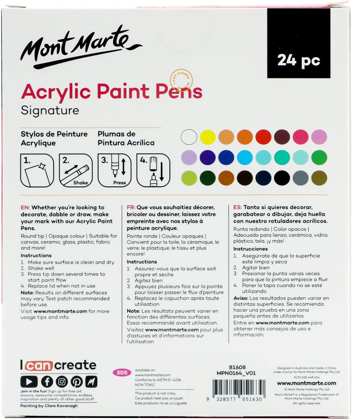 Mont Marte Signature Acrylic Paint Pens,24 Piece,Round Tip (3mm)