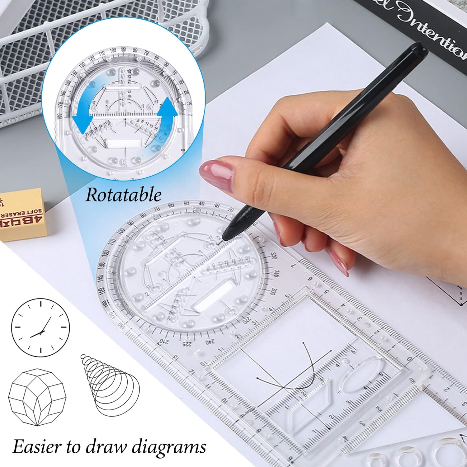 2PCS Multifunctional Geometric Ruler,Drawing Template Measuring Tool