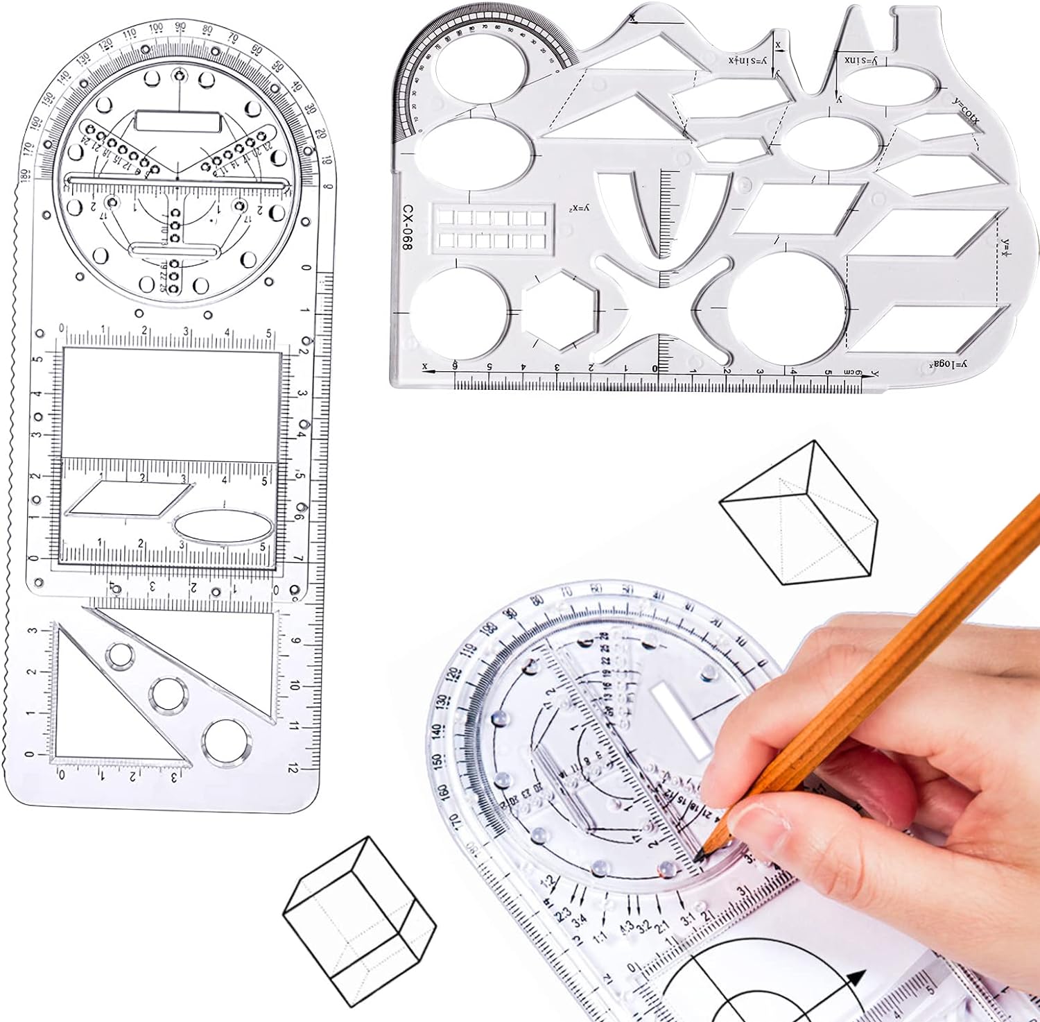 2PCS Multifunctional Geometric Ruler,Drawing Template Measuring Tool Clear