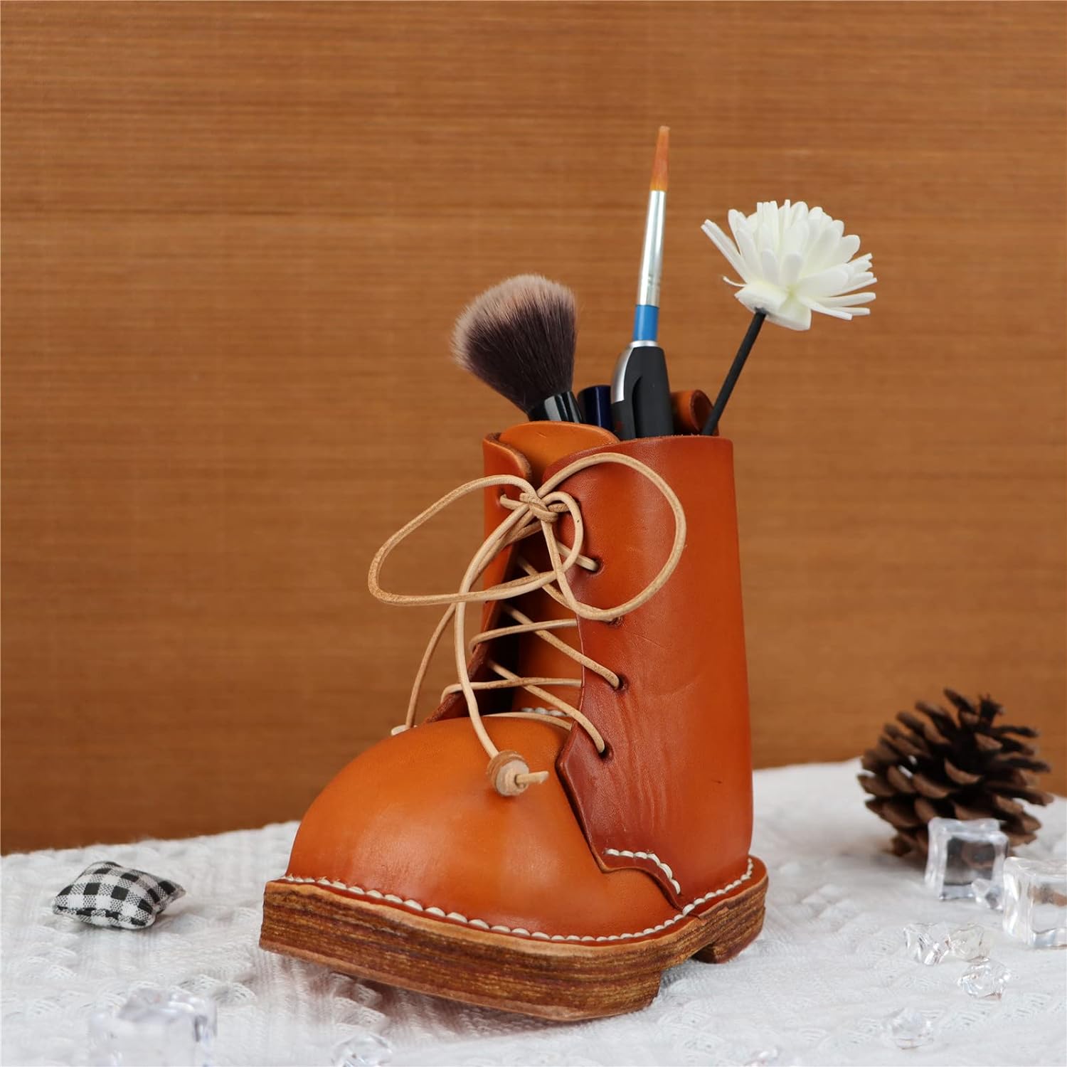 Leather Cowhide Shoes Desktop Decorative Pen Holder Organizer