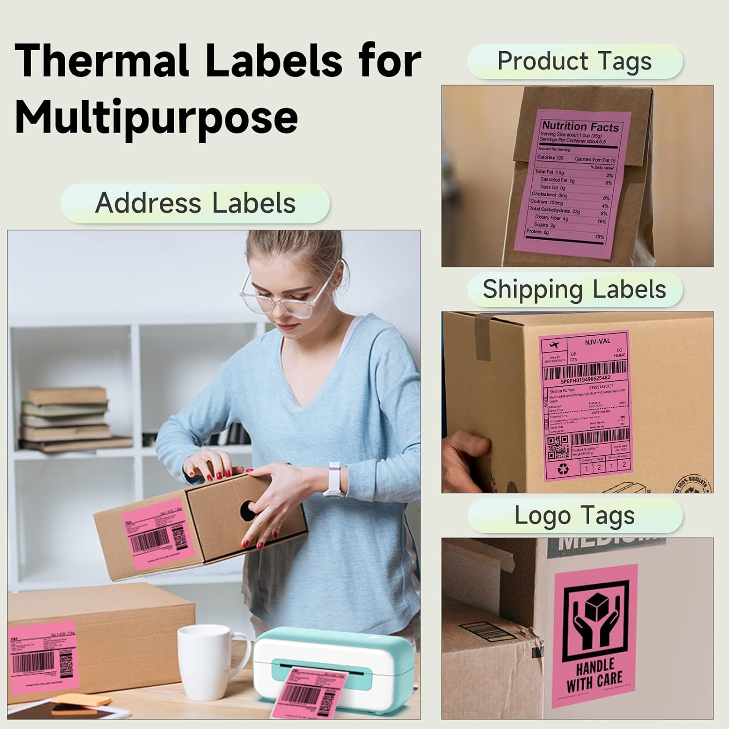 Phomemo 4"x6" Thermal Direct Shipping Label,Fan-Fold 500 Labels Rose