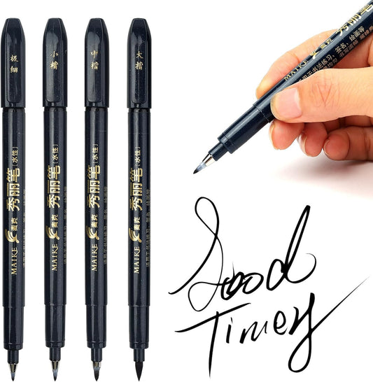 MAIKE 4 Size Calligraphy Brush Pens Water Based Black Ink Marker Set