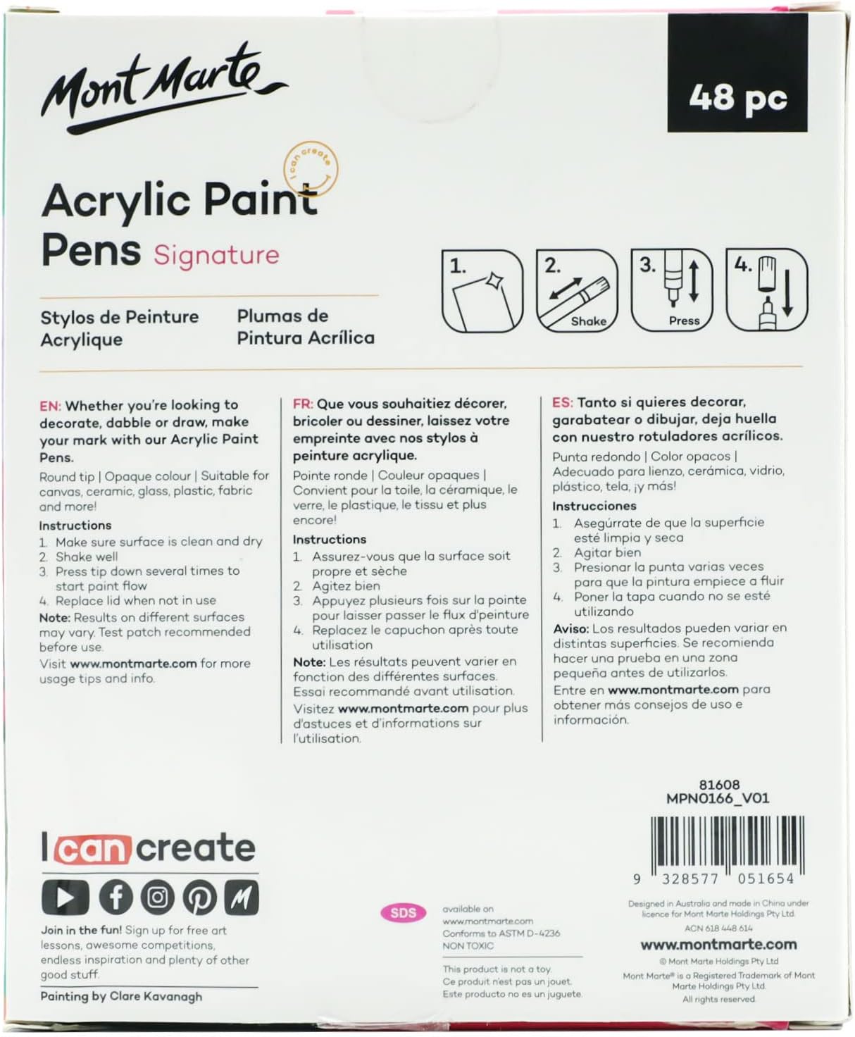 Mont Marte Signature Acrylic Paint Pens,48 Piece,Round Tip (3mm)