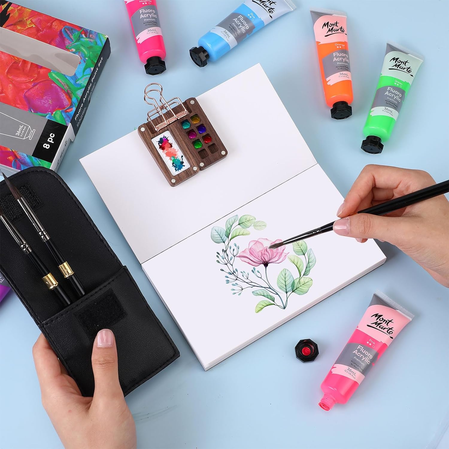7Pcs Portable Watercolor Palette with Clip Sketchbook Paint Brushes