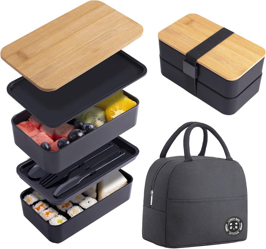 Japanese Bamboo Bento Lunch Box with Compartments and Utensils Black