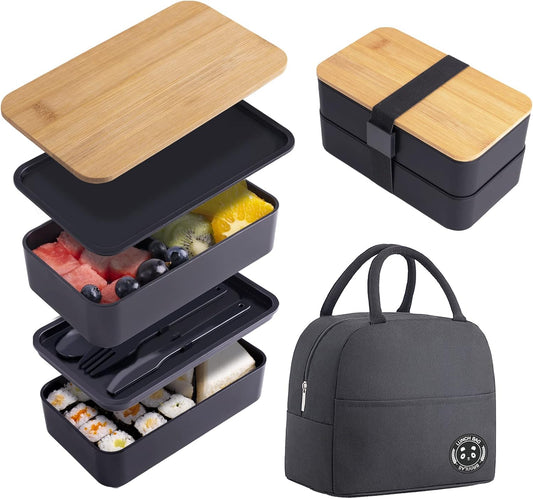 Japanese Bamboo Bento Lunch Box with Compartments and Utensils