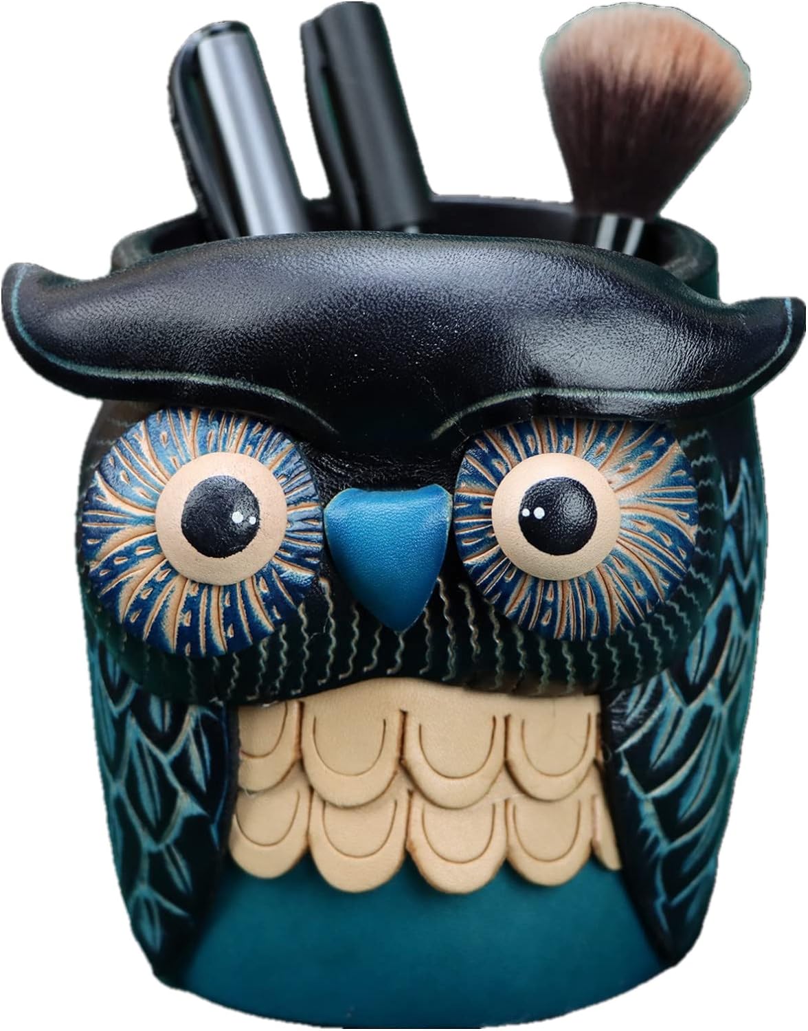 Leather Cowhide Owl Desktop Decorative Pen Holder Organizer Blue