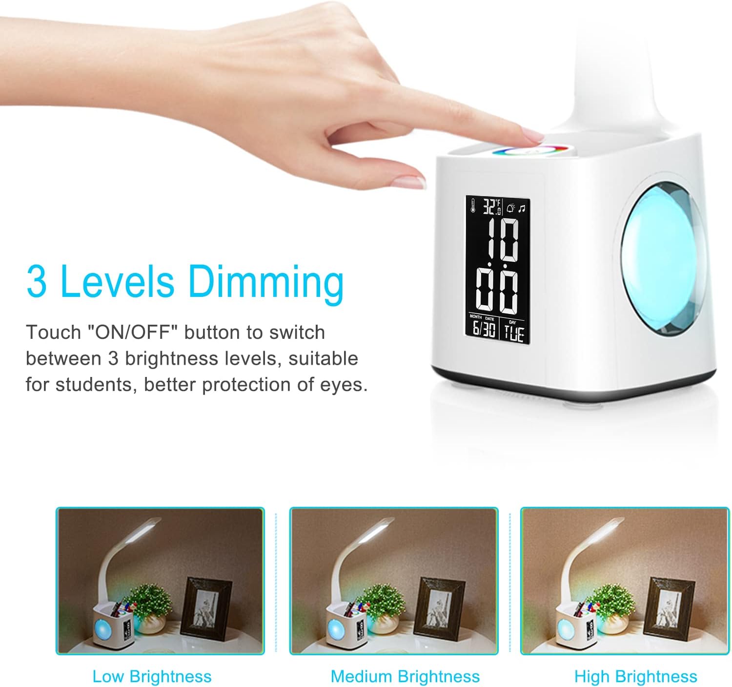 Led Desk Lamp Pen Holder with USB Charging Clock Calendar RGB Light