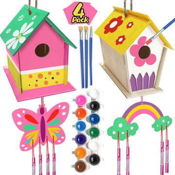 4 Pack DIY Bird House Wind Chime Kit Paint Wood Craft for Kids