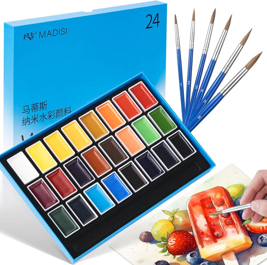 MADISI 24 Solid Watercolor Paint Set with 6 Brush Pens