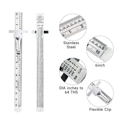 6 Inch Pocket Ruler Stainless Steel with Detachable Clips 2 Pack