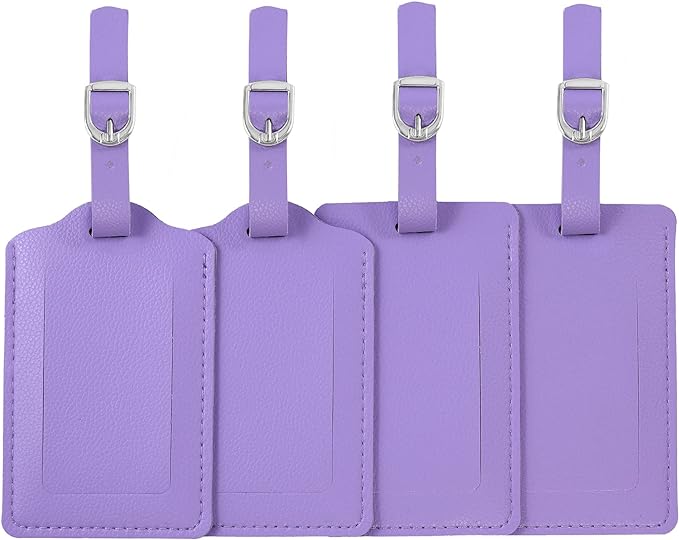 Leather Luggage Tags 4 Pack Bag Suitcase Labels Purple